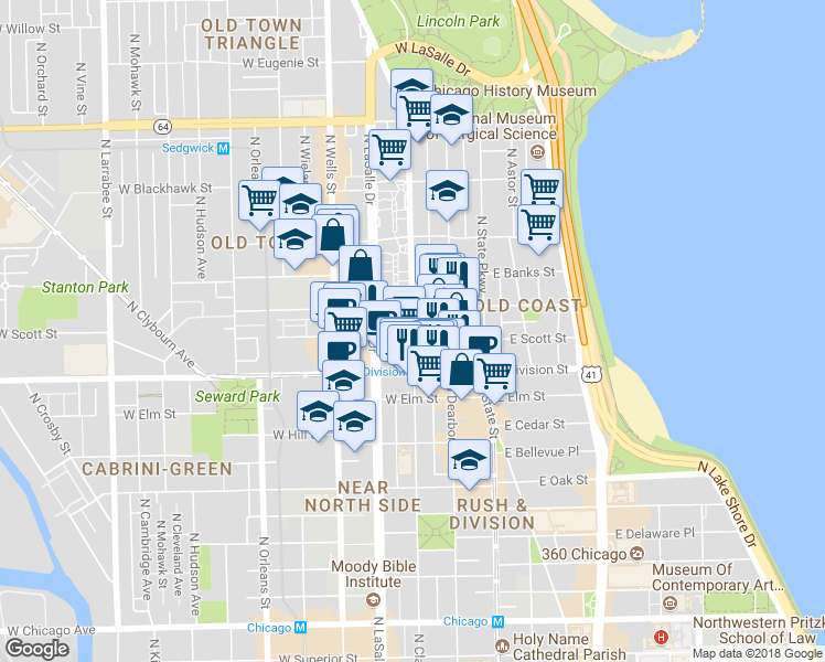 map of restaurants, bars, coffee shops, grocery stores, and more near 1255 North Clark Street in Chicago