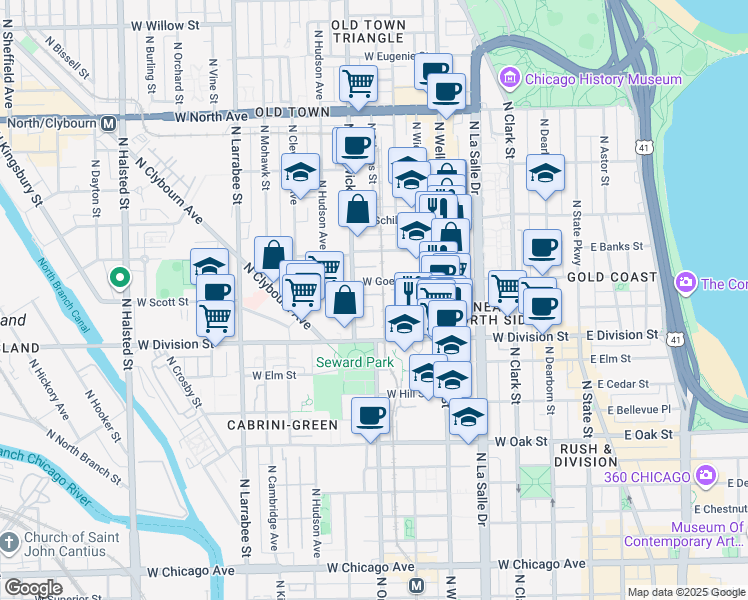 map of restaurants, bars, coffee shops, grocery stores, and more near 323 West Goethe Street in Chicago