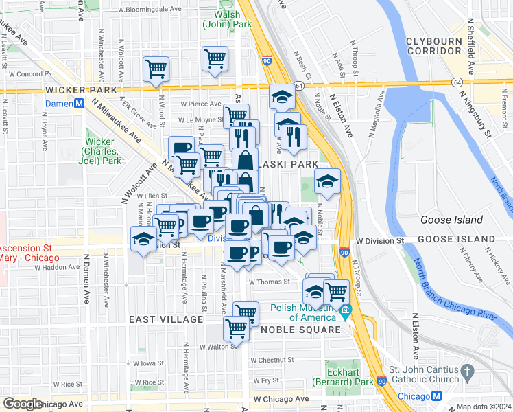 map of restaurants, bars, coffee shops, grocery stores, and more near 1311 North Bosworth Avenue in Chicago
