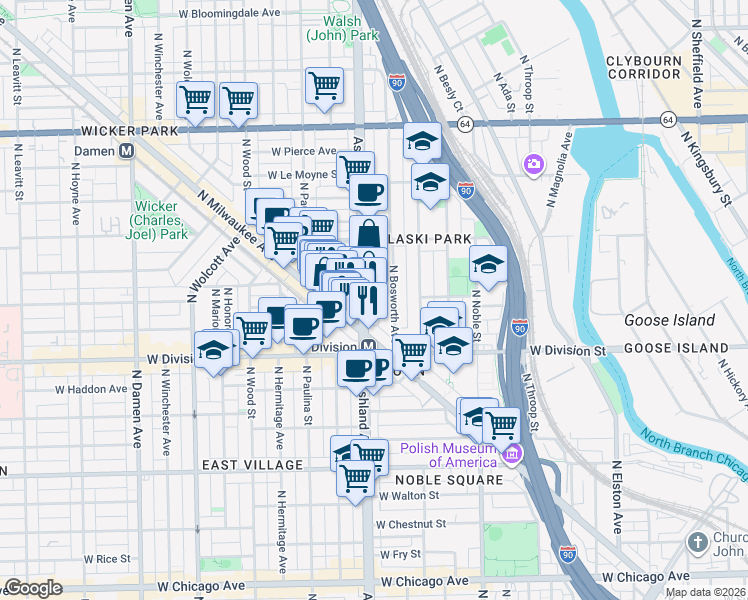 map of restaurants, bars, coffee shops, grocery stores, and more near 1309 North Ashland Avenue in Chicago