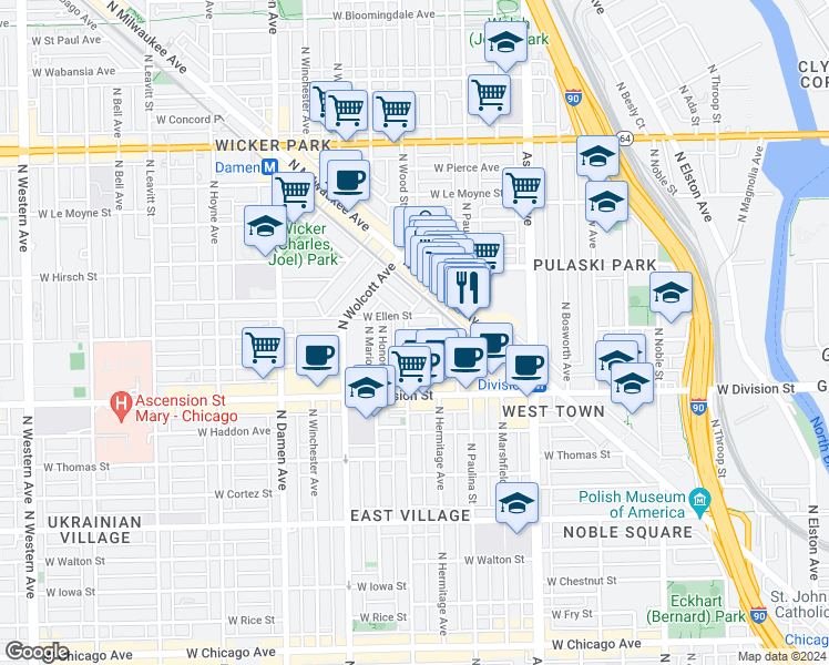 map of restaurants, bars, coffee shops, grocery stores, and more near 1741 West Ellen Street in Chicago