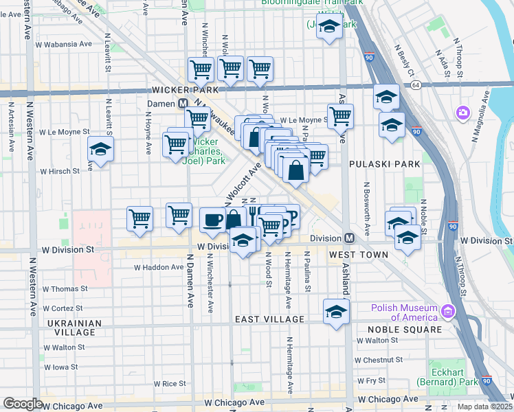map of restaurants, bars, coffee shops, grocery stores, and more near 1829 West Ellen Street in Chicago