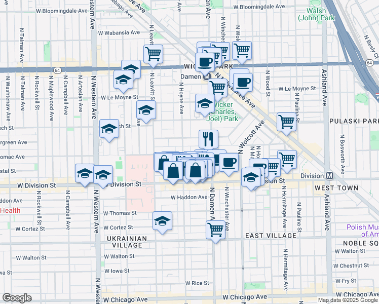 map of restaurants, bars, coffee shops, grocery stores, and more near 1317 North Hoyne Avenue in Chicago