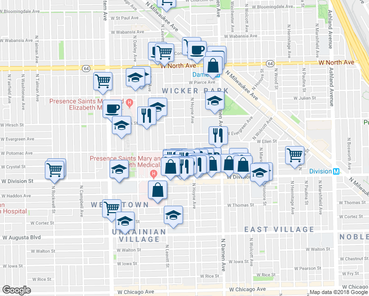 map of restaurants, bars, coffee shops, grocery stores, and more near 2131 West Evergreen Avenue in Chicago
