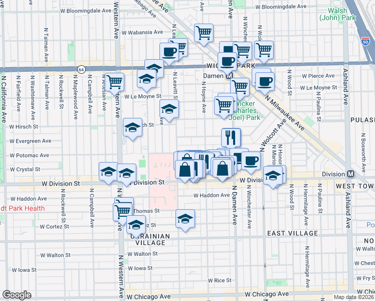 map of restaurants, bars, coffee shops, grocery stores, and more near 2131 West Evergreen Avenue in Chicago
