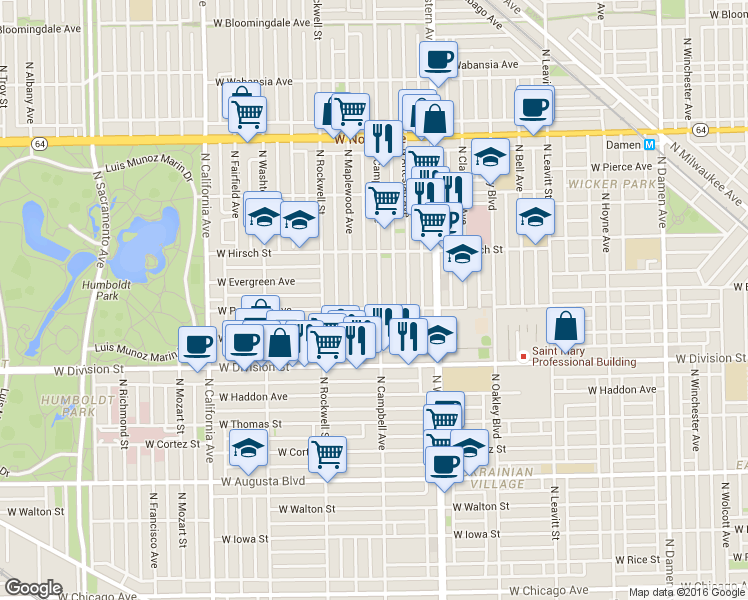 map of restaurants, bars, coffee shops, grocery stores, and more near 1320 North Campbell Avenue in Chicago