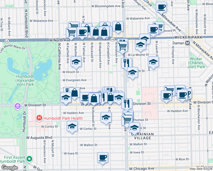 map of restaurants, bars, coffee shops, grocery stores, and more near 1320 North Campbell Avenue in Chicago