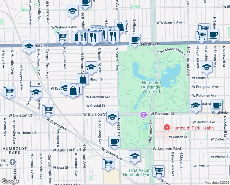 map of restaurants, bars, coffee shops, grocery stores, and more near 3227 West Evergreen Avenue in Chicago