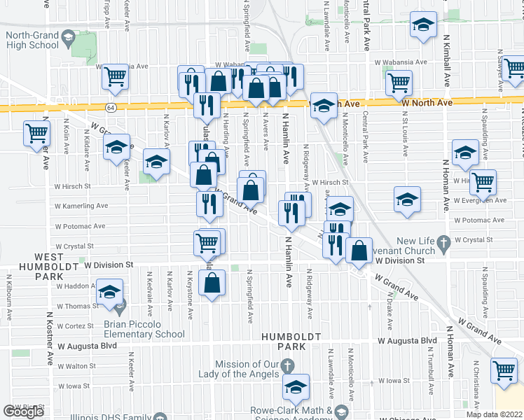 map of restaurants, bars, coffee shops, grocery stores, and more near 1324 North Avers Avenue in Chicago