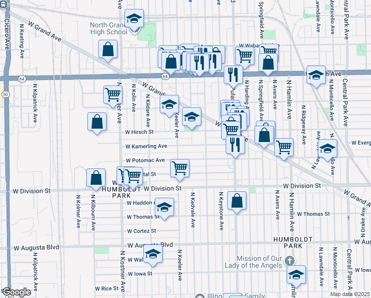 map of restaurants, bars, coffee shops, grocery stores, and more near 4142 West Kamerling Avenue in Chicago