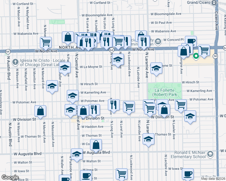 map of restaurants, bars, coffee shops, grocery stores, and more near 1357 North Long Avenue in Chicago