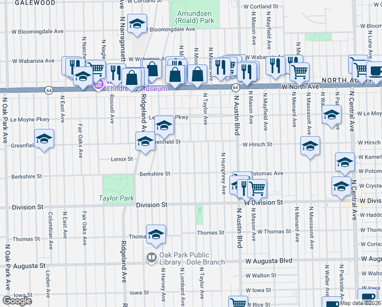 map of restaurants, bars, coffee shops, grocery stores, and more near 1044 North Lombard Avenue in Oak Park