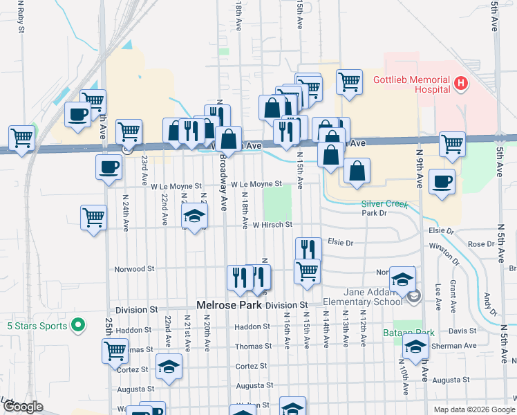 map of restaurants, bars, coffee shops, grocery stores, and more near 1732 North 17th Avenue in Melrose Park