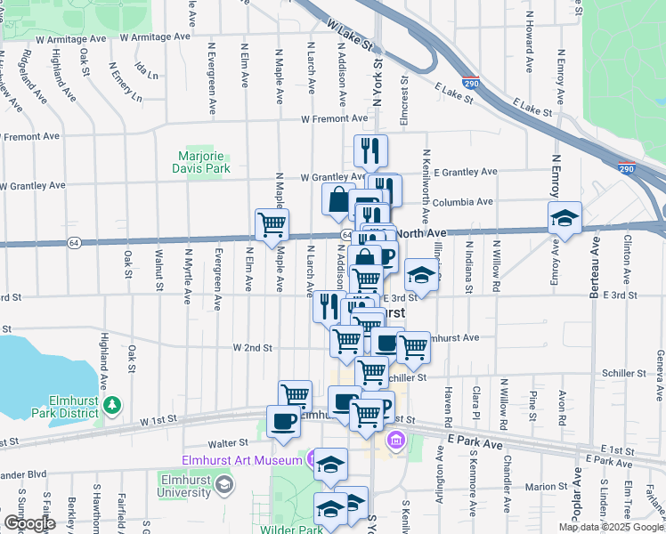 map of restaurants, bars, coffee shops, grocery stores, and more near 260 North Addison Avenue in Elmhurst