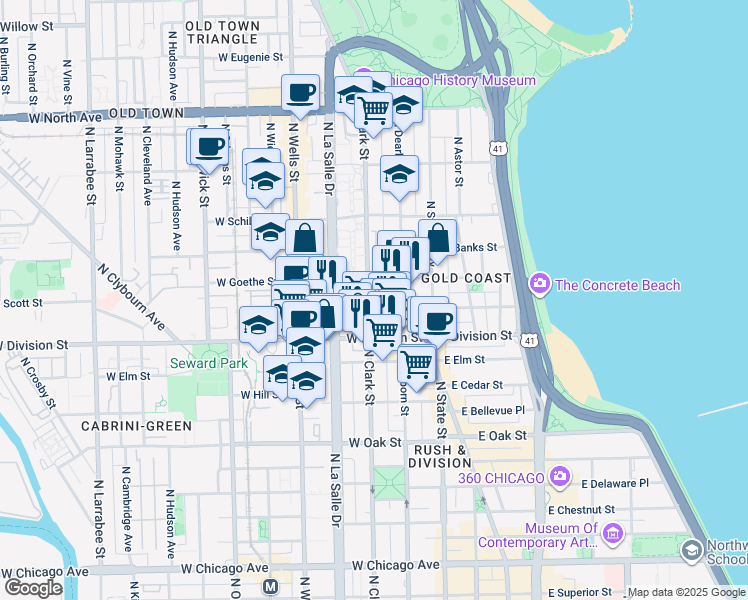 map of restaurants, bars, coffee shops, grocery stores, and more near 55 West Goethe Street in Chicago
