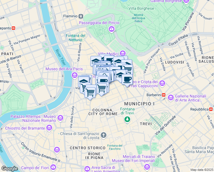 map of restaurants, bars, coffee shops, grocery stores, and more near 63 Via dei Condotti in Roma