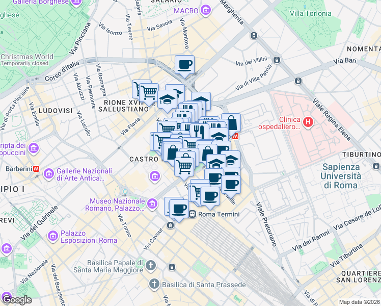 map of restaurants, bars, coffee shops, grocery stores, and more near 58 Via Goito in Roma