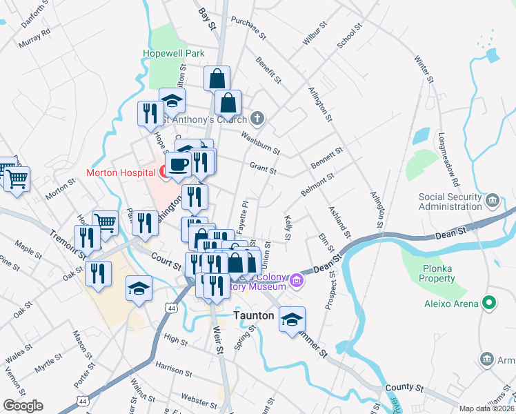 map of restaurants, bars, coffee shops, grocery stores, and more near Cedar Street in Taunton