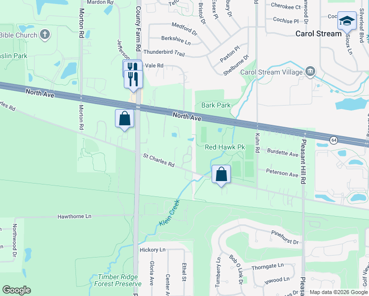 map of restaurants, bars, coffee shops, grocery stores, and more near 27W010 Saint Charles Road in Carol Stream