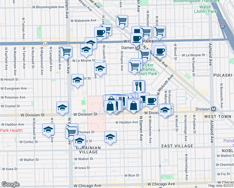 map of restaurants, bars, coffee shops, grocery stores, and more near 2131 West Evergreen Avenue in Chicago