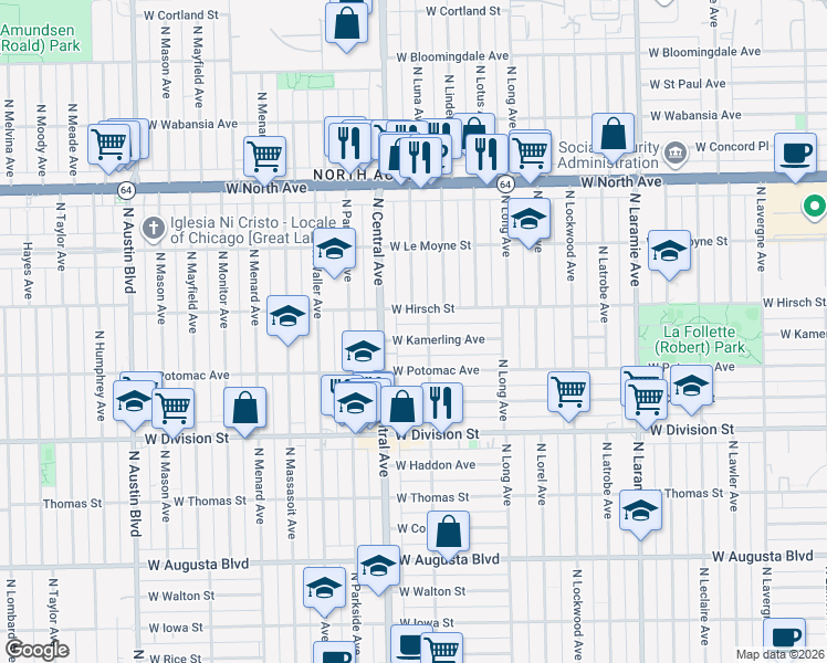 map of restaurants, bars, coffee shops, grocery stores, and more near 5523 West Hirsch Street in Chicago