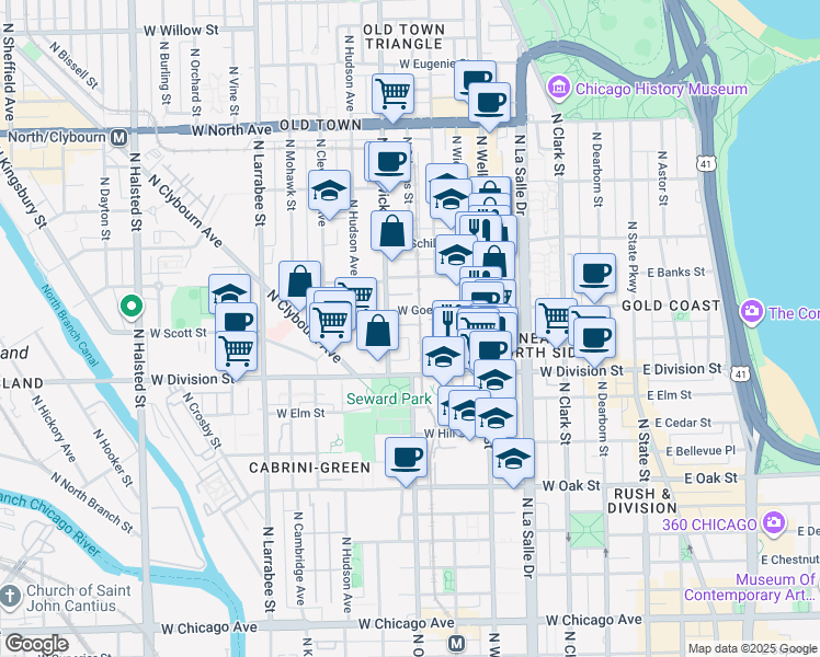 map of restaurants, bars, coffee shops, grocery stores, and more near 323 West Goethe Street in Chicago
