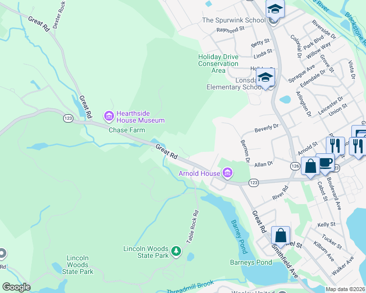 map of restaurants, bars, coffee shops, grocery stores, and more near 555 Great Road in Lincoln