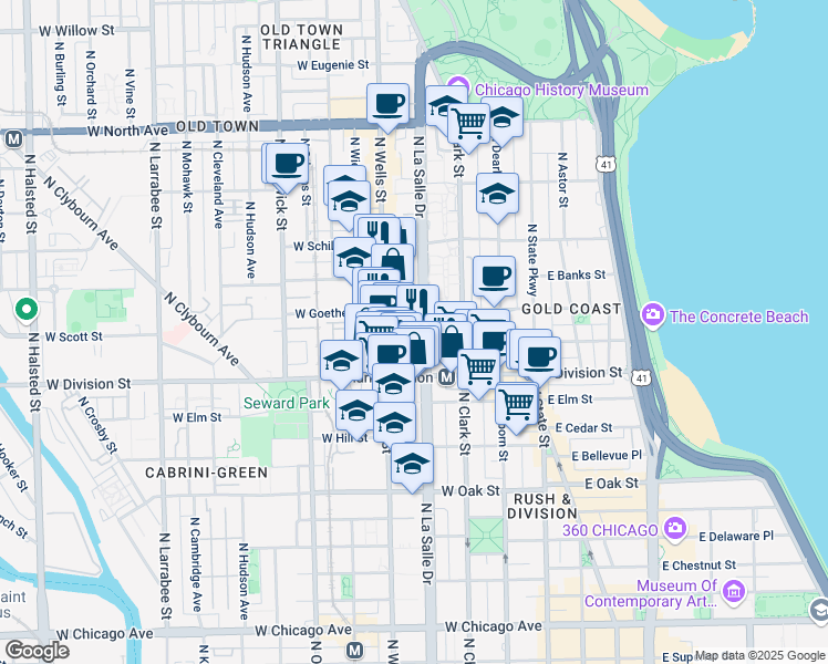 map of restaurants, bars, coffee shops, grocery stores, and more near 1250 North LaSalle Drive in Chicago