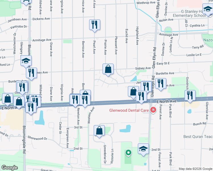 map of restaurants, bars, coffee shops, grocery stores, and more near 438 James Court in Glendale Heights
