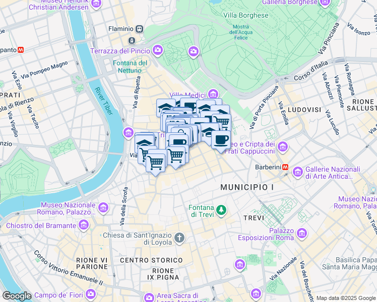map of restaurants, bars, coffee shops, grocery stores, and more near Via dei Condotti in Roma