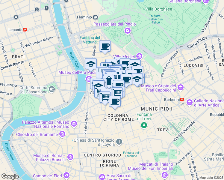 map of restaurants, bars, coffee shops, grocery stores, and more near 129 Via del Corso in Rome