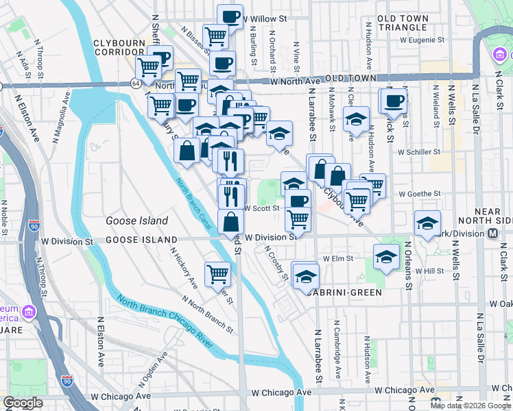 map of restaurants, bars, coffee shops, grocery stores, and more near 700 West Evergreen Avenue in Chicago
