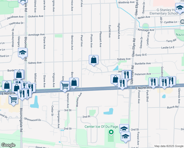 map of restaurants, bars, coffee shops, grocery stores, and more near 439 James Court in Glendale Heights