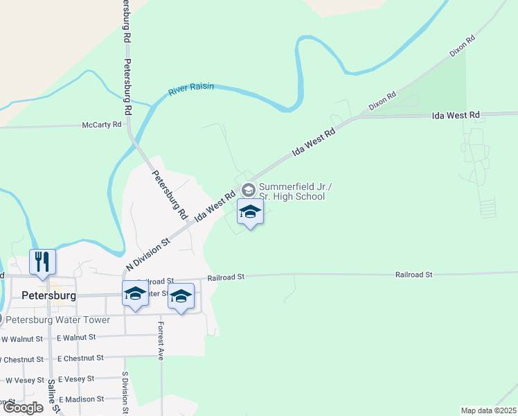 map of restaurants, bars, coffee shops, grocery stores, and more near 17555 Ida West Road in Petersburg