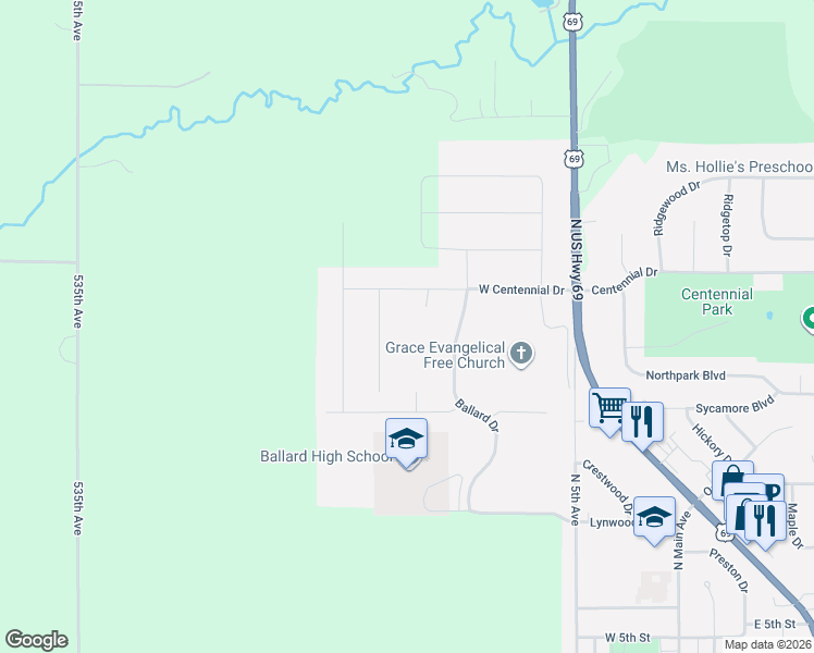 map of restaurants, bars, coffee shops, grocery stores, and more near 536 West Centennial Drive in Huxley