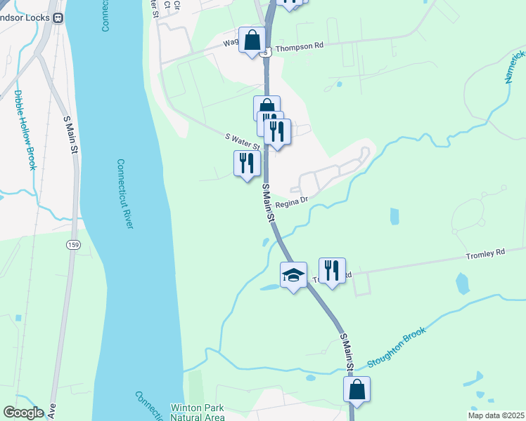 map of restaurants, bars, coffee shops, grocery stores, and more near 50 South Main Street in East Windsor