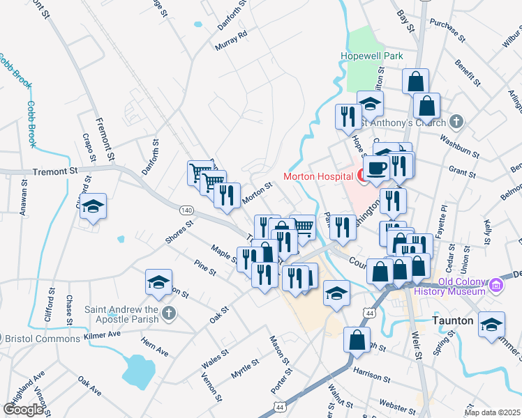 map of restaurants, bars, coffee shops, grocery stores, and more near 48 Hodges Avenue in Taunton