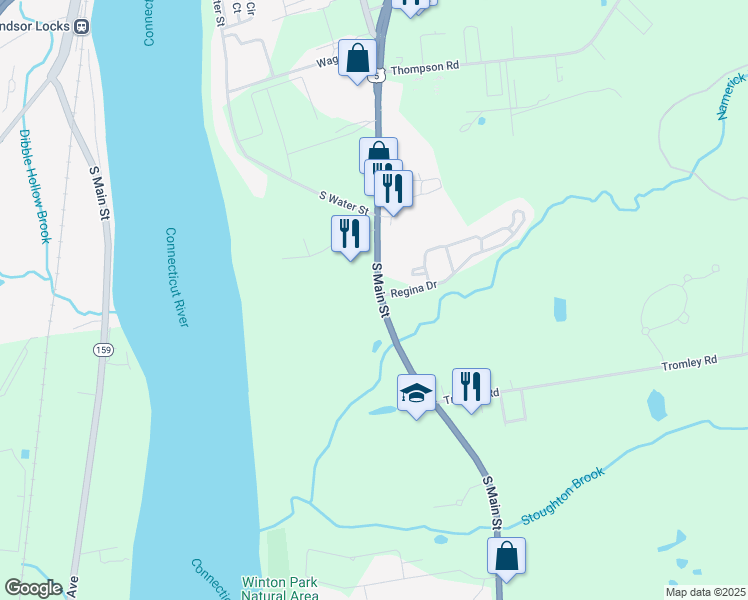map of restaurants, bars, coffee shops, grocery stores, and more near 50 South Main Street in East Windsor