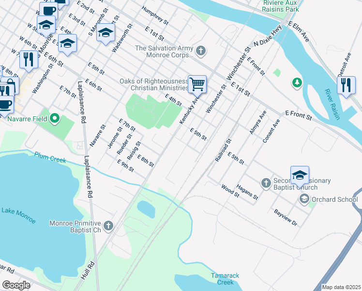 map of restaurants, bars, coffee shops, grocery stores, and more near 1009 East 6th Street in Monroe