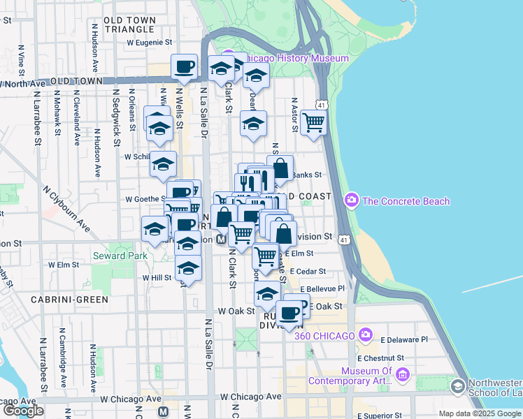 map of restaurants, bars, coffee shops, grocery stores, and more near 1255 North Dearborn Parkway in Chicago