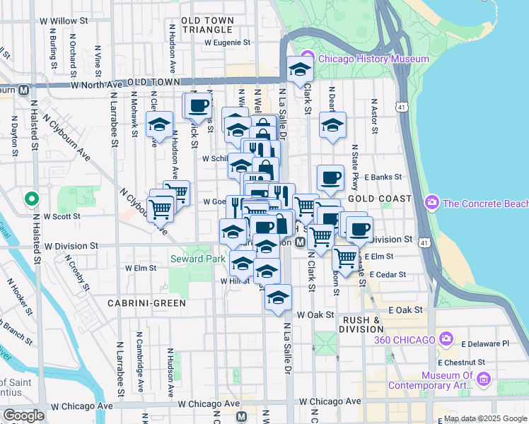 map of restaurants, bars, coffee shops, grocery stores, and more near 1254 North Wells Street in Chicago