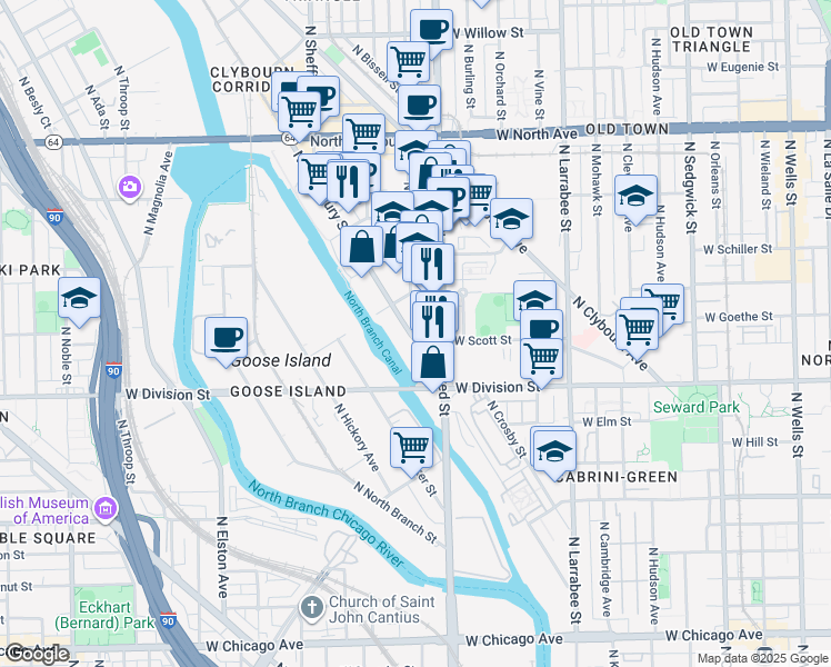 map of restaurants, bars, coffee shops, grocery stores, and more near 1335 North Kingsbury Street in Chicago
