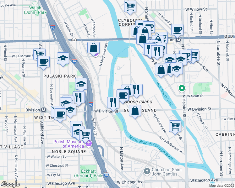 map of restaurants, bars, coffee shops, grocery stores, and more near 1300 N North Branch St in Chicago