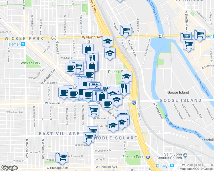 map of restaurants, bars, coffee shops, grocery stores, and more near 1310 North Cleaver Street in Chicago