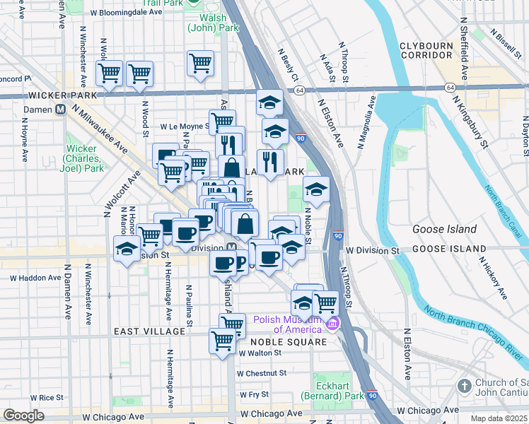 map of restaurants, bars, coffee shops, grocery stores, and more near 1311 North Bosworth Avenue in Chicago