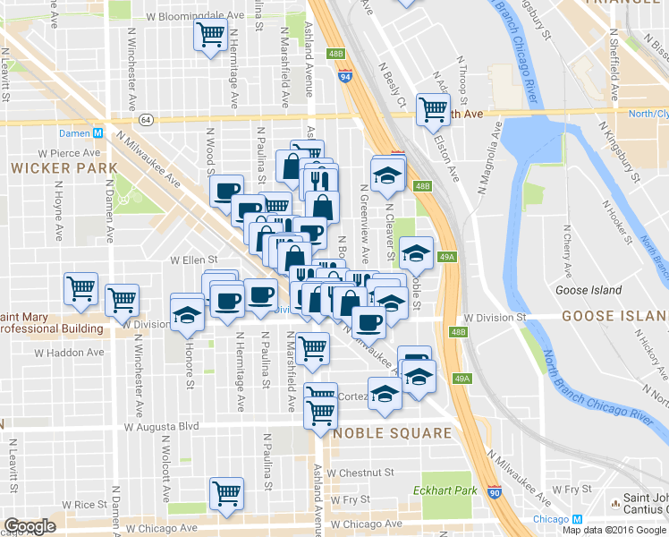 map of restaurants, bars, coffee shops, grocery stores, and more near 1311 North Bosworth Avenue in Chicago