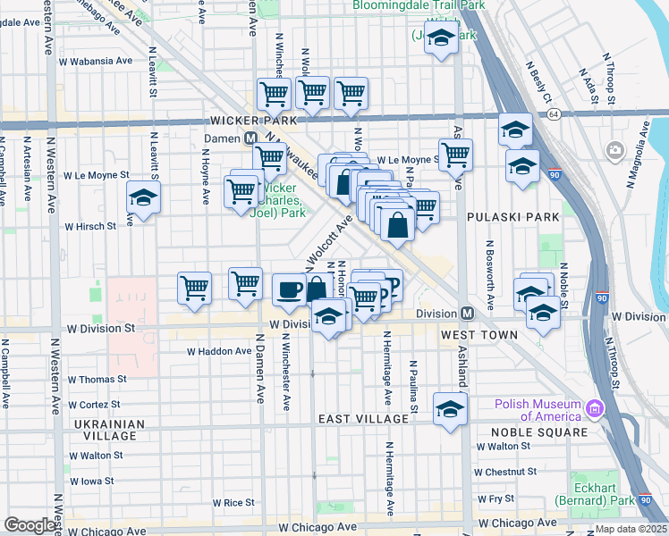 map of restaurants, bars, coffee shops, grocery stores, and more near 1829 West Ellen Street in Chicago