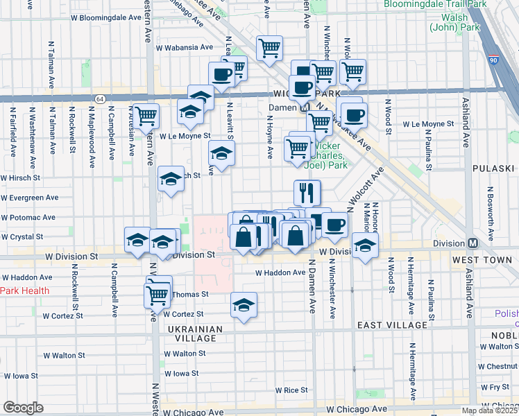 map of restaurants, bars, coffee shops, grocery stores, and more near 2131 West Evergreen Avenue in Chicago