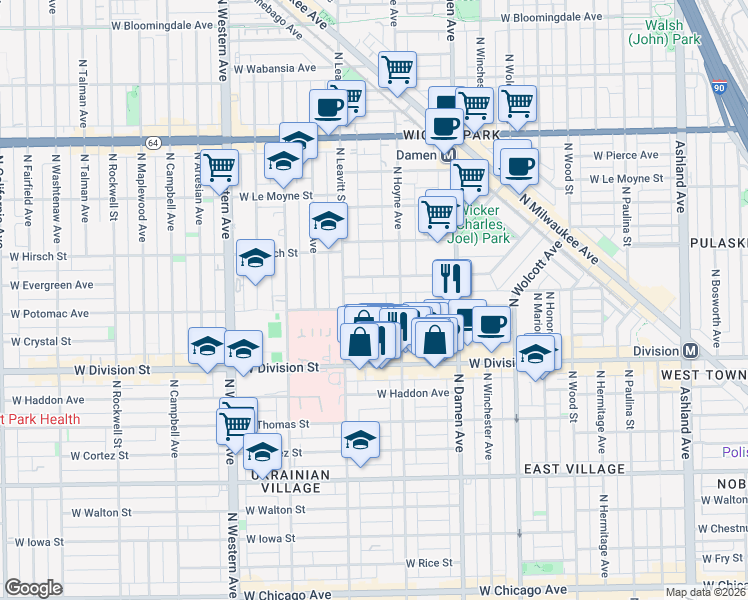 map of restaurants, bars, coffee shops, grocery stores, and more near 2131 West Evergreen Avenue in Chicago