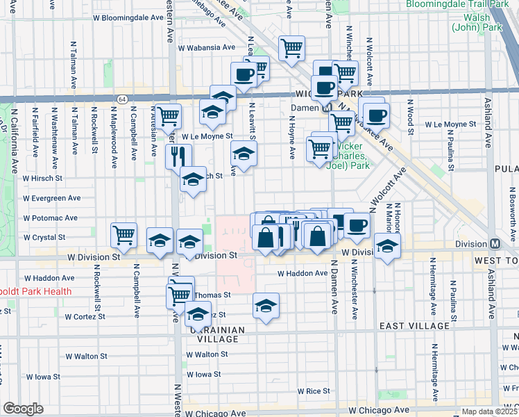 map of restaurants, bars, coffee shops, grocery stores, and more near in Chicago